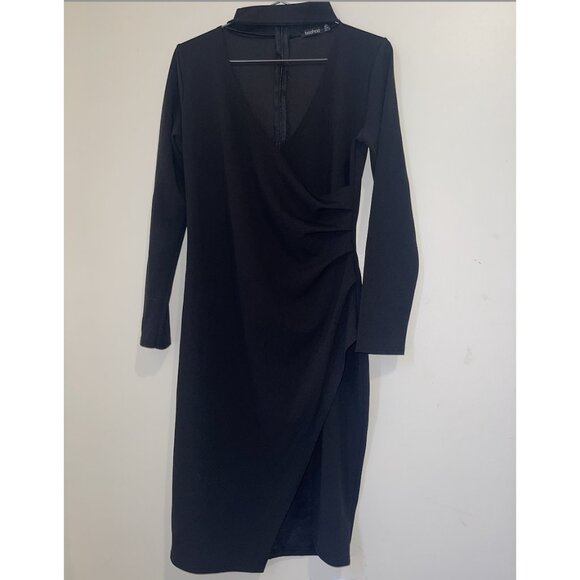 Boohoo Black Long Sleeve Faux Wrap Midi Dress – Size US 12 - Picture 1 of 4